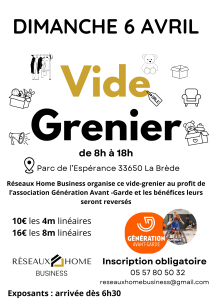affiche pour un vide grenier qui se déroule à La Brede le 6 avril en faveur des actions de Génération Avant Garde